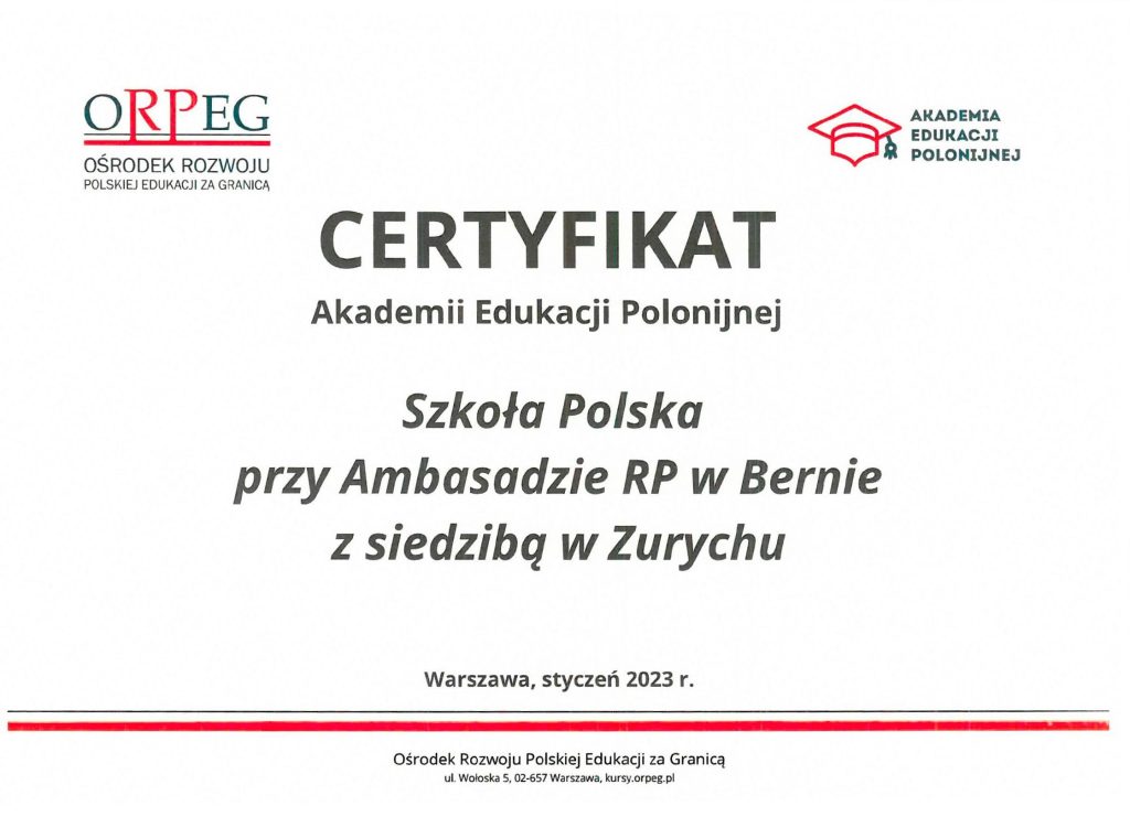 Certyfikat Akademii Edukacji Polonijnej