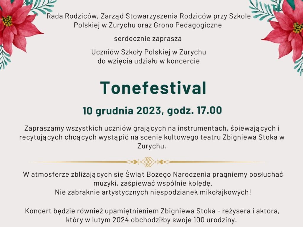 Zaproszenie na koncert Tonefestival z udziałem uczniów Szkoły Polskiej w Zurychu