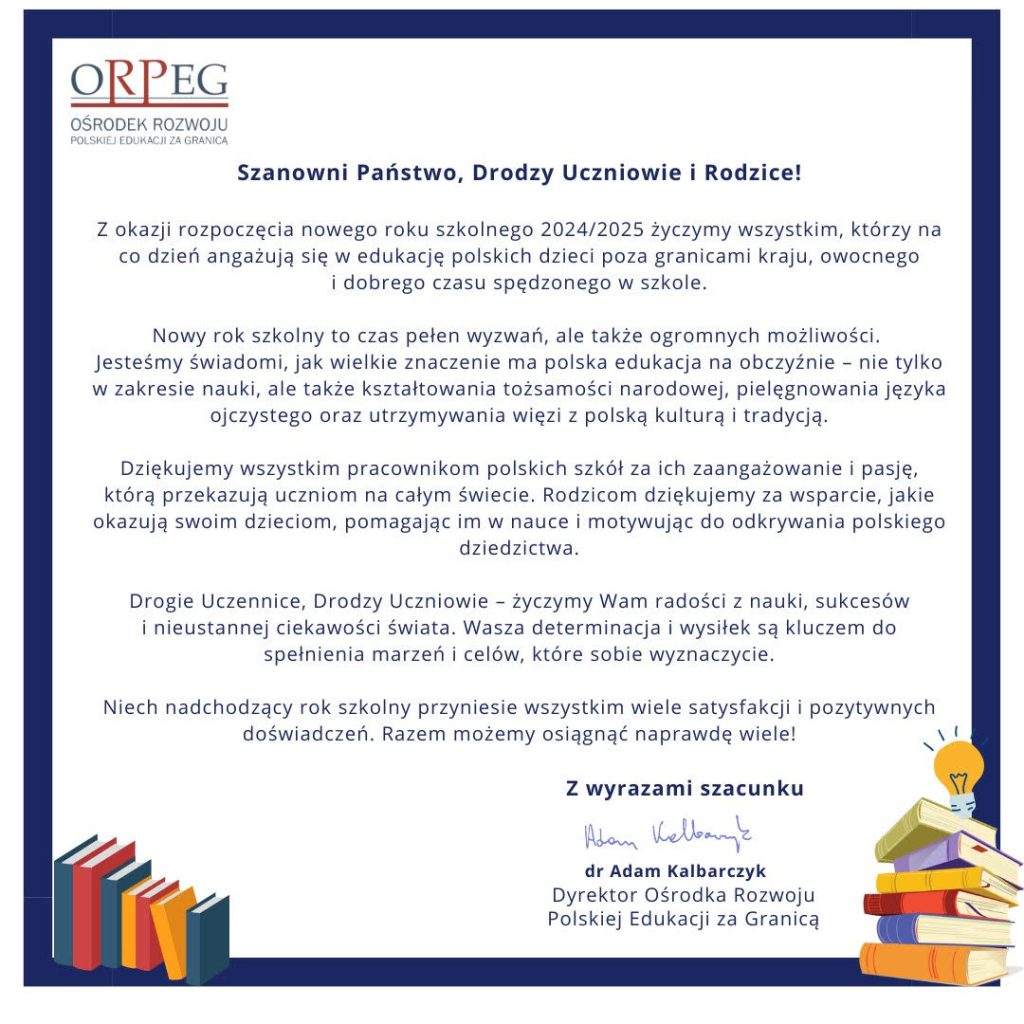Życzenia od dyrektora ORPEG na nowy rok szkolny 2024/2025