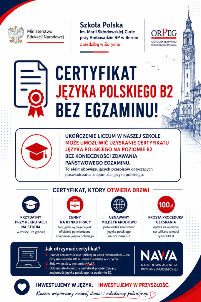 Międzynarodowy certyfikat językowy potwierdzający znajomość języka polskiego na poziomie B2.